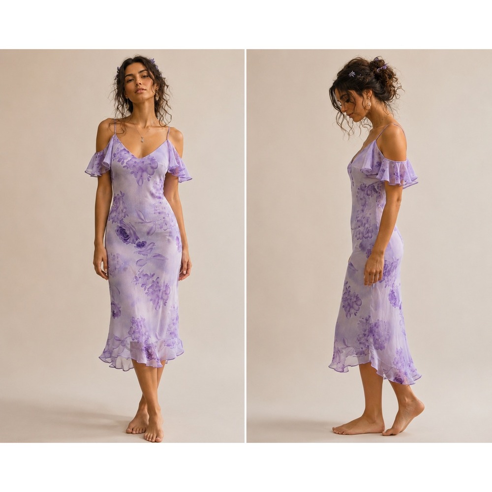 Y2K Chelsea Nites Chiffon Floral Midi Dress 8 Lilac Beaded Ruffle Fairy Ethereal
